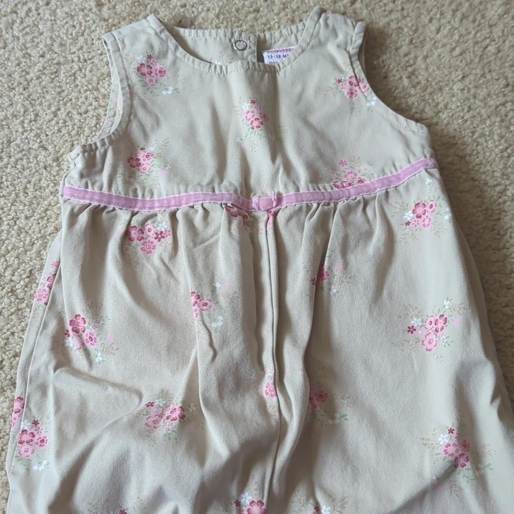 Gymboree Tan with Pink Floral Sleeveless Long Pants Jumpsuit Size 12-18 Months